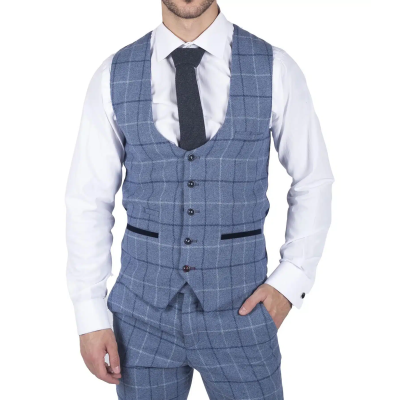 Mens Marc Darcy Light Blue Navy Check Waistcoat Smart Casual Tweed Slim Fit Clinton