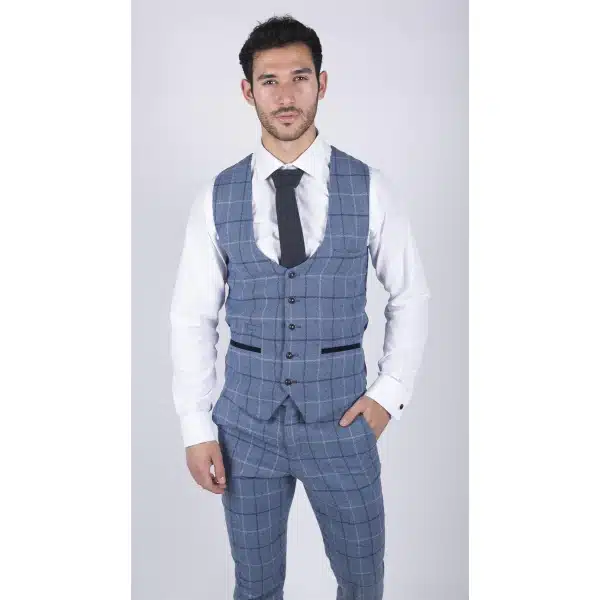 Mens Marc Darcy Light Blue Navy Check Waistcoat Smart Casual Tweed Slim Fit Clinton