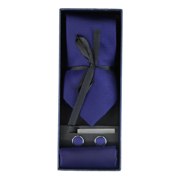 Satin Silk Textured Blue Tie Gift Set Pocket Square Cuff Links Tie Matt Satin