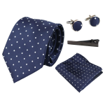 Dotted Navy Neck Tie Gift Set Pocket Square Cuff Links Tie Pin Polka Dot Satin