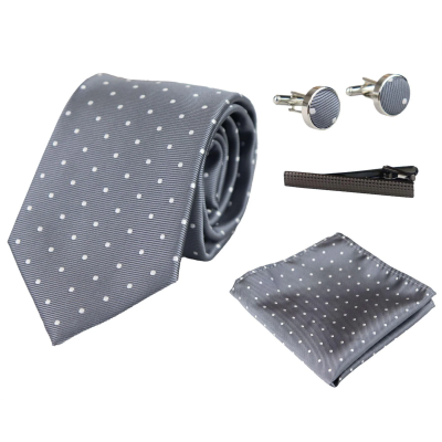 Dotted Silver Neck Tie Gift Set Pocket Square Cuff Links Tie Pin Polka Dot Satin