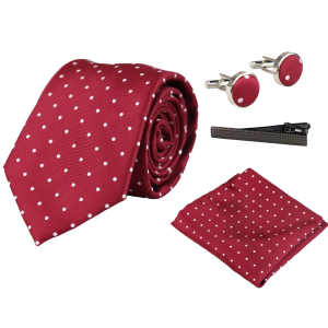 Dotted Wine Neck Tie Gift Set Pocket Square Cuff Links Tie Pin Polka Dot Satin