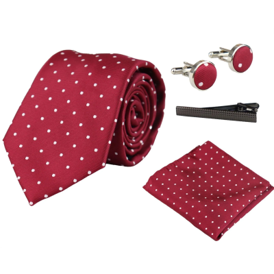 Dotted Wine Neck Tie Gift Set Pocket Square Cuff Links Tie Pin Polka Dot Satin