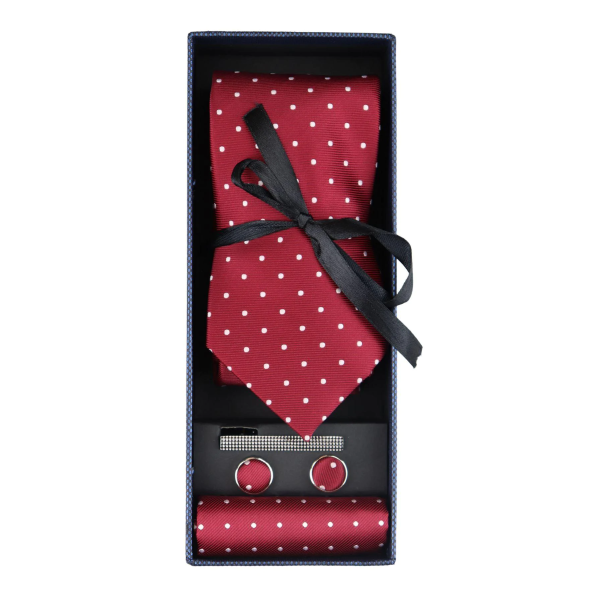 Dotted Wine Neck Tie Gift Set Pocket Square Cuff Links Tie Pin Polka Dot Satin