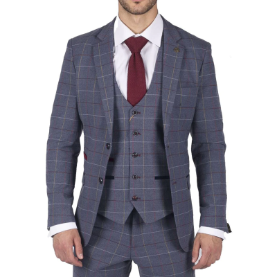 Mens Marc Darcy Blue Grey Red Check Blazer Smart Casual Tweed Slim Fit Drake