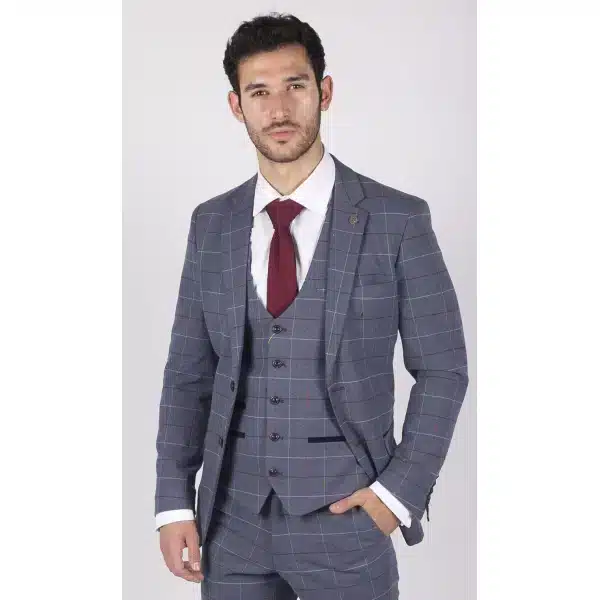 Mens Marc Darcy Blue Grey Red Check Blazer Smart Casual Tweed Slim Fit Drake