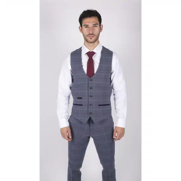 Mens Marc Darcy Blue Grey Red Check Waistcoat Smart Casual Tweed Slim Fit Drake