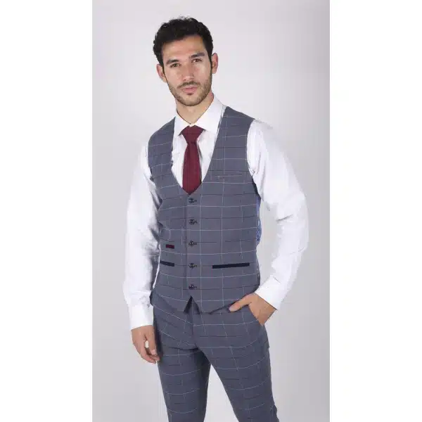 Mens Marc Darcy Blue Grey Red Check Waistcoat Smart Casual Tweed Slim Fit Drake