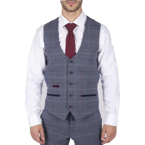 Mens Marc Darcy Blue Grey Red Check Waistcoat Smart Casual Tweed Slim Fit Drake