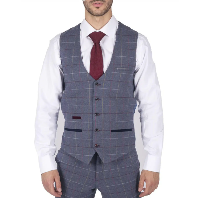 Mens Marc Darcy Blue Grey Red Check Waistcoat Smart Casual Tweed Slim Fit Drake