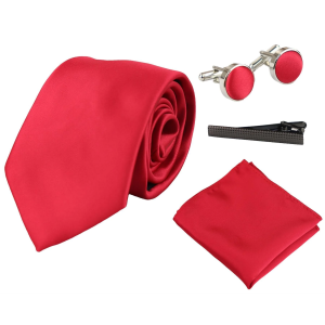 Satin Silk Red Tie Gift Set Pocket Square Cuff Links Tie Shiny Satin