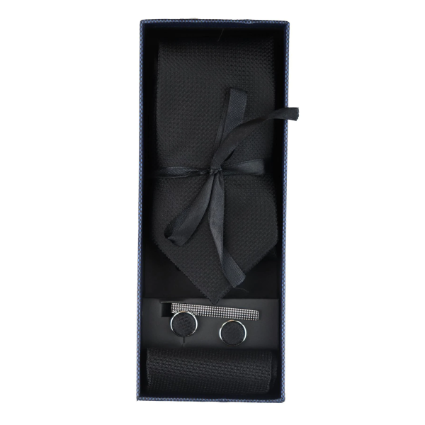 Satin Silk Textured Black Tie Gift Set Pocket Square Cuff Links Tie Matt Satin