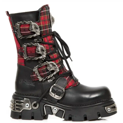 New Rock 391T-S1 Black Leather Tartan Gothic Boots Punk EMO Military