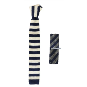 Mens Knitted Tie Hankie & Pin Set Navy Cream Striped Smart Formal Neck Tie