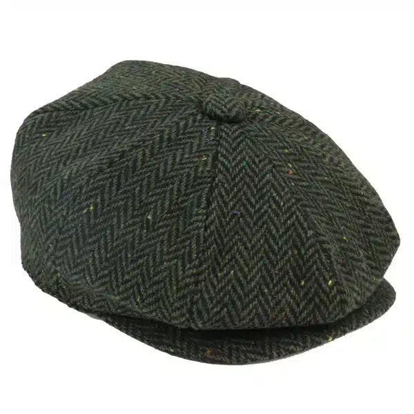 Mens Herringbone Tweed 8 Panel Cap Olive