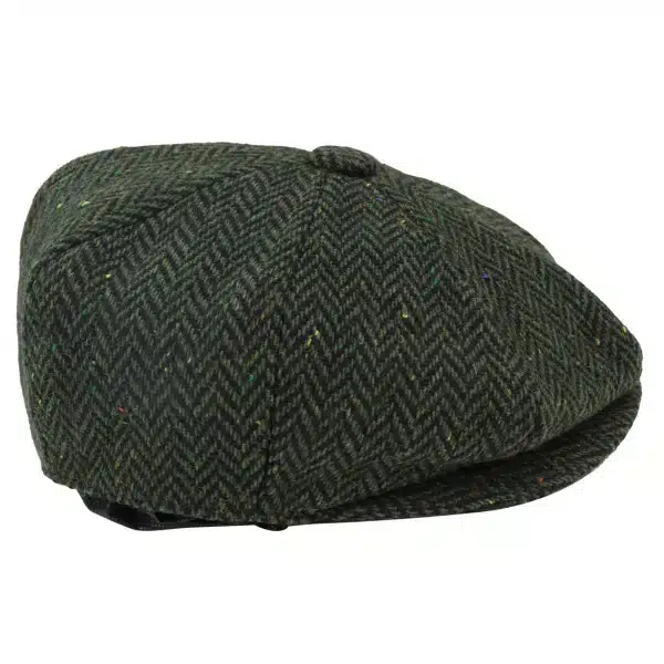 Mens Herringbone Tweed 8 Panel Cap Olive