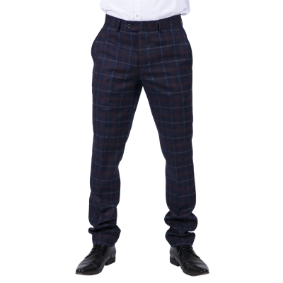 Mens Classic Trousers Tweed Check Retro 1920s Gatsby Blinders Blue Navy Wedding