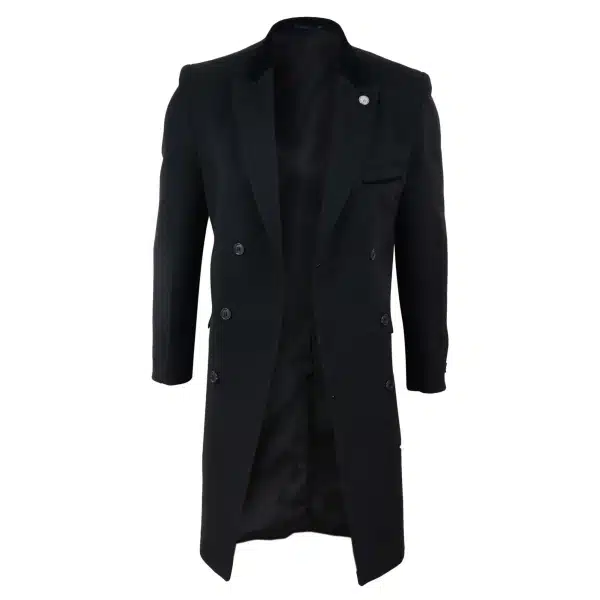 Mens 3/4 Long Double Breasted Black Overcoat