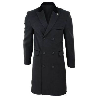 Mens 3/4 Long Double Breasted Charcoal Overcoat