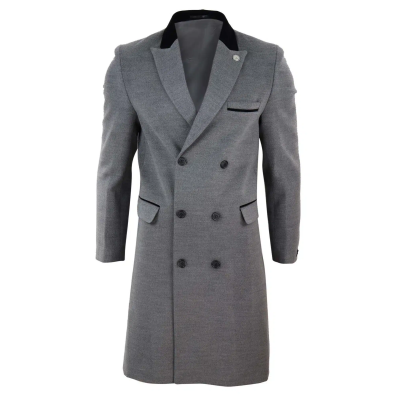 Mens 3/4 Long Double Breasted Grey Overcoat