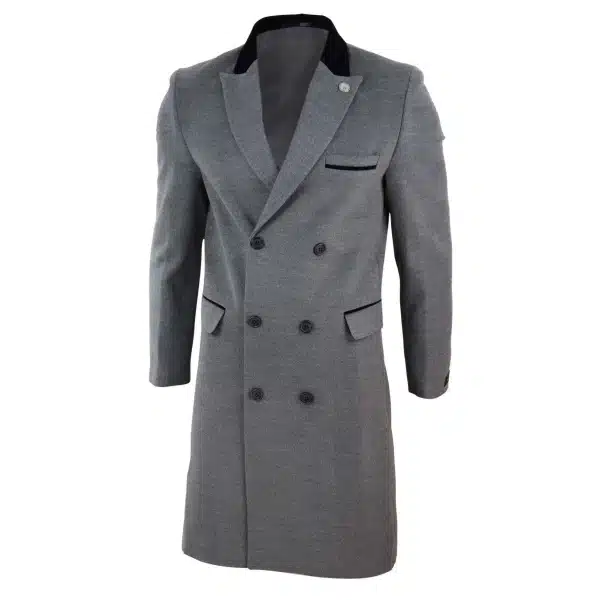 Mens 3/4 Long Double Breasted Grey Overcoat