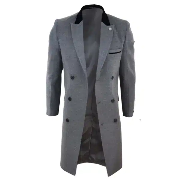 Mens 3/4 Long Double Breasted Grey Overcoat