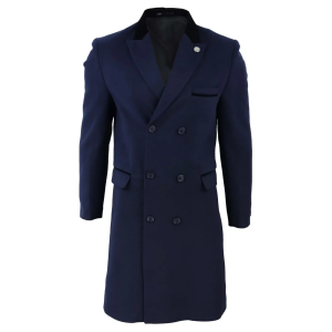 Mens 3/4 Long Double Breasted Navy Overcoat