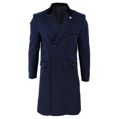 Mens 3/4 Long Double Breasted Navy Overcoat