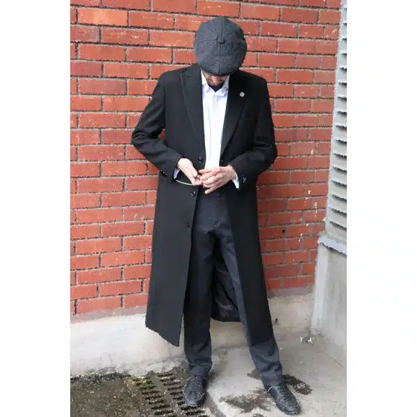 Compare Color Mens Full Lenth Overcoat Mac Jacket Wool Feel Black 1920s Blinders