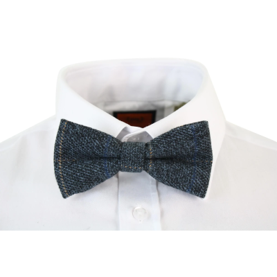 Mens Tweed Blue Herringbone Textured Marc Darcy Bow Ties Vintage Retro