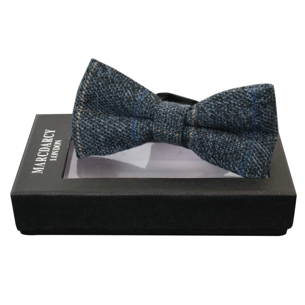 Mens Tweed Blue Herringbone Textured Marc Darcy Bow Ties Vintage Retro