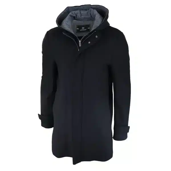 Mens 3/4 Long Overcoat Black Jacket Coat Removable Hood Smart Casual Winter Warm Wool