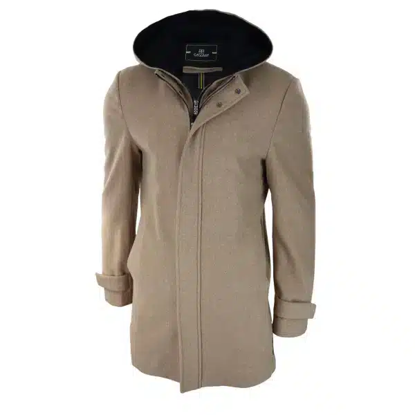 Mens 3/4 Long Overcoat Camel Jacket Coat Removable Hood Smart Casual Winter Warm Wool