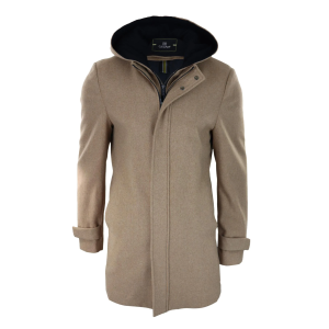 Mens 3/4 Long Overcoat Camel Jacket Coat Removable Hood Smart Casual Winter Warm Wool