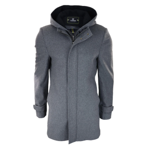 Mens 3/4 Long Overcoat Grey Jacket Coat Removable Hood Smart Casual Winter Warm Wool