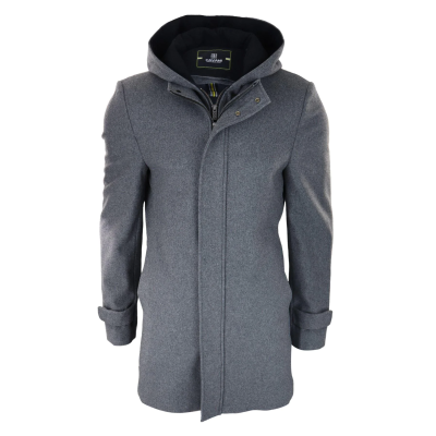 Mens 3/4 Long Overcoat Grey Jacket Coat Removable Hood Smart Casual Winter Warm Wool