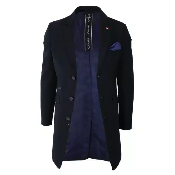 Cavani Mens Classic 3/4 Length Black Overcoat