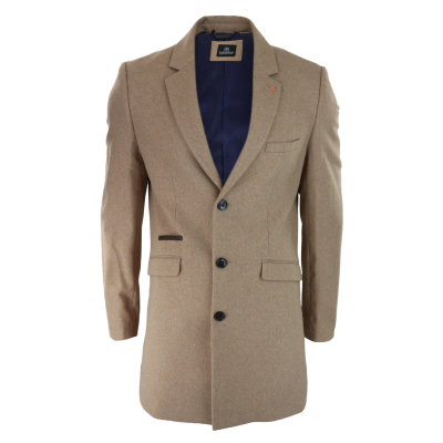 Cavani Mens Classic 3/4 Length Camel Overcoat