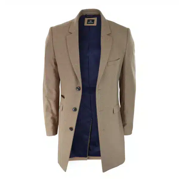 Cavani Mens Classic 3/4 Length Camel Overcoat