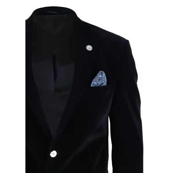 Mens Velvet Blazer Suit Jacket 2 Button Dinner Smart Casual Formal Tailored Fit - Black