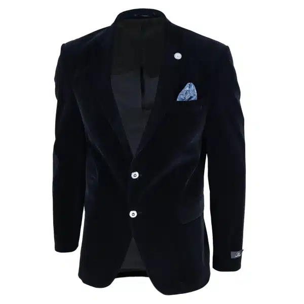 Mens Velvet Blazer Suit Jacket 2 Button Dinner Smart Casual Formal Tailored Fit - Black