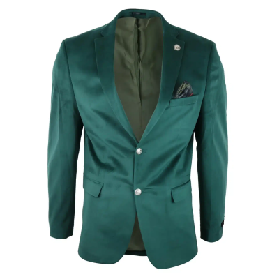 Mens Velvet Blazer Suit Jacket 2 Button Dinner Smart Casual Formal Tailored Fit - Green