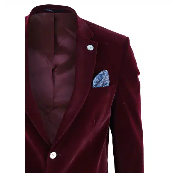 Mens Velvet Blazer Suit Jacket 2 Button Dinner Smart Casual Formal Tailored Fit - Wine