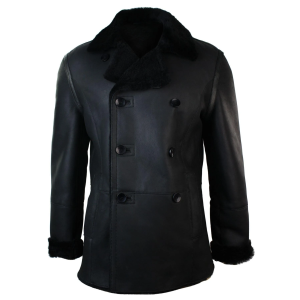 Mens Real Shearling German Navy Sheepskin Double Breasted Jacket Black Fitted