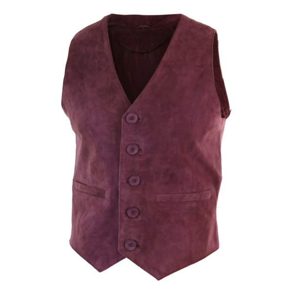 Mens Waistcoat Gilet Real Genuine Suede Leather Retro Vintage Western Vest Burgundy