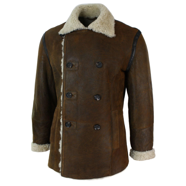 Mens Real Shearling German Navy Sheepskin Double Breasted Jacket Vintage Brown