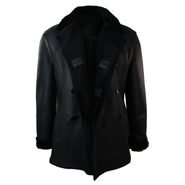 Mens Real Shearling German Navy Sheepskin Double Breasted Jacket Black Fitted