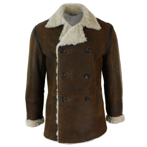 Mens Real Shearling German Navy Sheepskin Double Breasted Jacket Vintage Brown