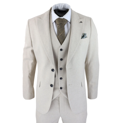 Mens Wool 3 Piece Cream Beige Suit Slim Fit Classic Wedding Party Vintage 1920s