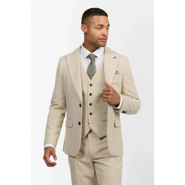 Mens Wool 3 Piece Cream Beige Suit Slim Fit Classic Wedding Party Vintage 1920s